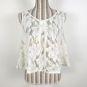 Abound Cream Floral Lace Blouse Layering Lightweight XL Boho Top Zipper Closure